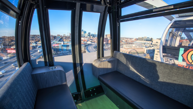 view of downtown Kansas City from inside teh private gondola